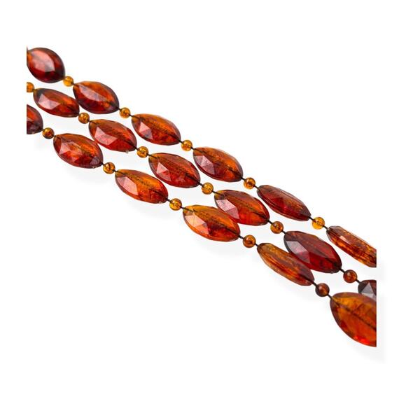 Multi Strand Necklace Long Faux Amber Plastic Beads Translucent Marquise Vintage - Picture 5 of 8